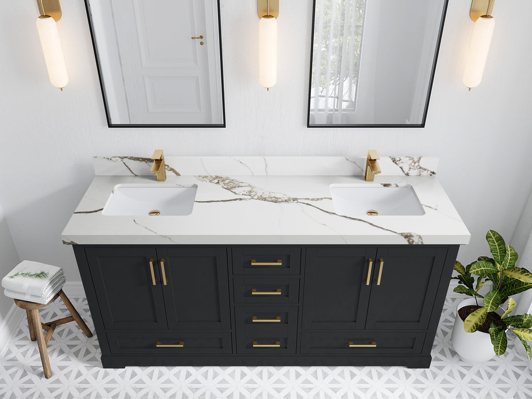 Boston 72 in. W x 22 in. D Double Sink Bathroom Vanity in Wrought Iron with 2 in Calacatta Gold Quartz Countertop - Top View