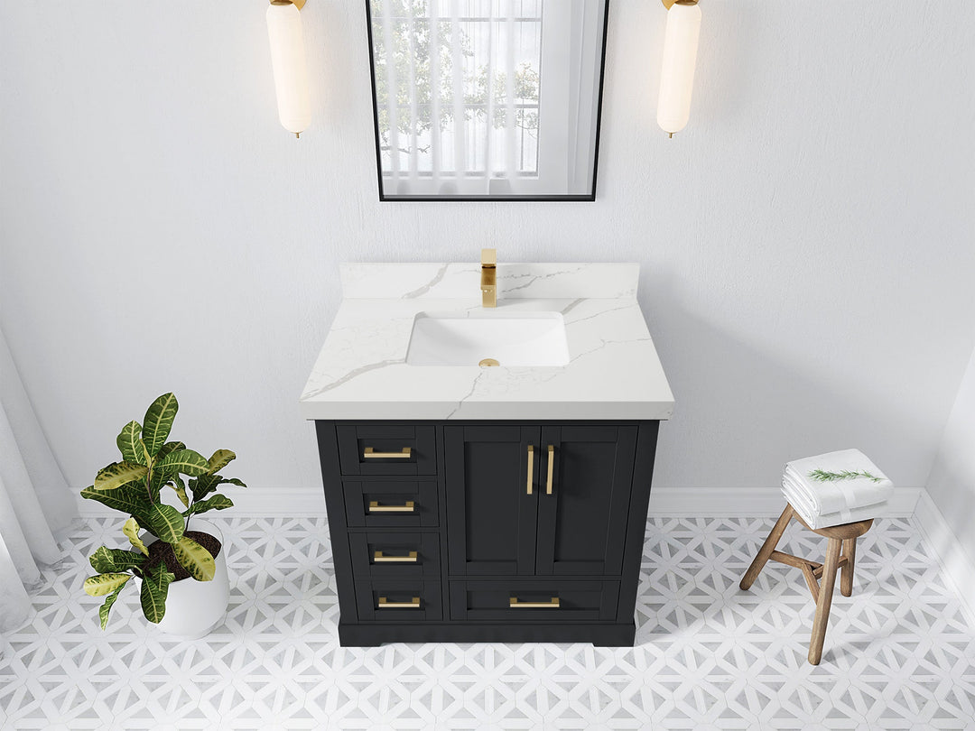 Boston 36 in. W x 22 in. D Single Sink Bathroom Vanity in Wrought Iron with 2 in Calacatta Laza Quartz Countertop - Top View