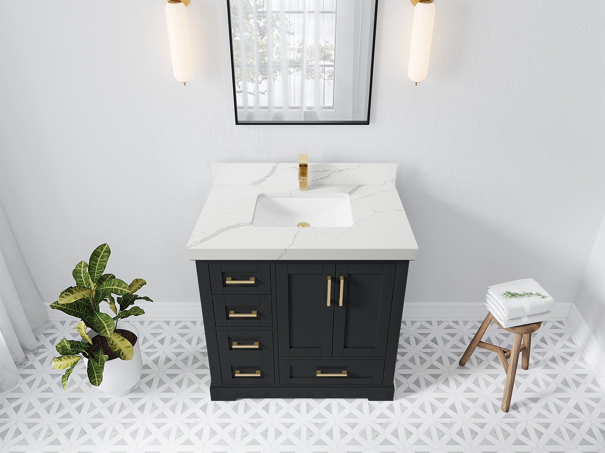 Boston 36 in. W x 22 in. D Single Sink Bathroom Vanity in Wrought Iron with 2 in Calacatta Laza Quartz Countertop - Top View