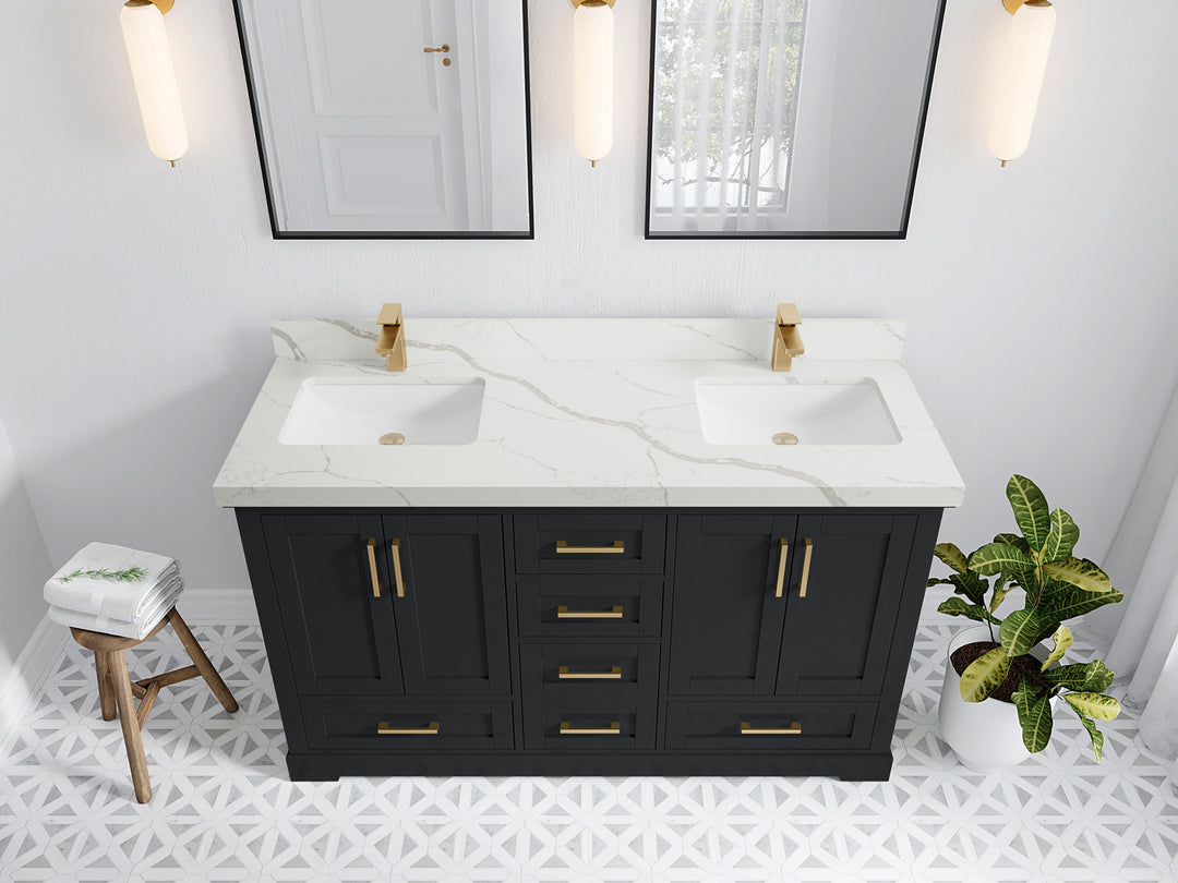 Boston 60 in. W x 22 in. D Double Sink Bathroom Vanity in Wrought Iron with 2 in Calacatta Laza Quartz Countertop - Top View