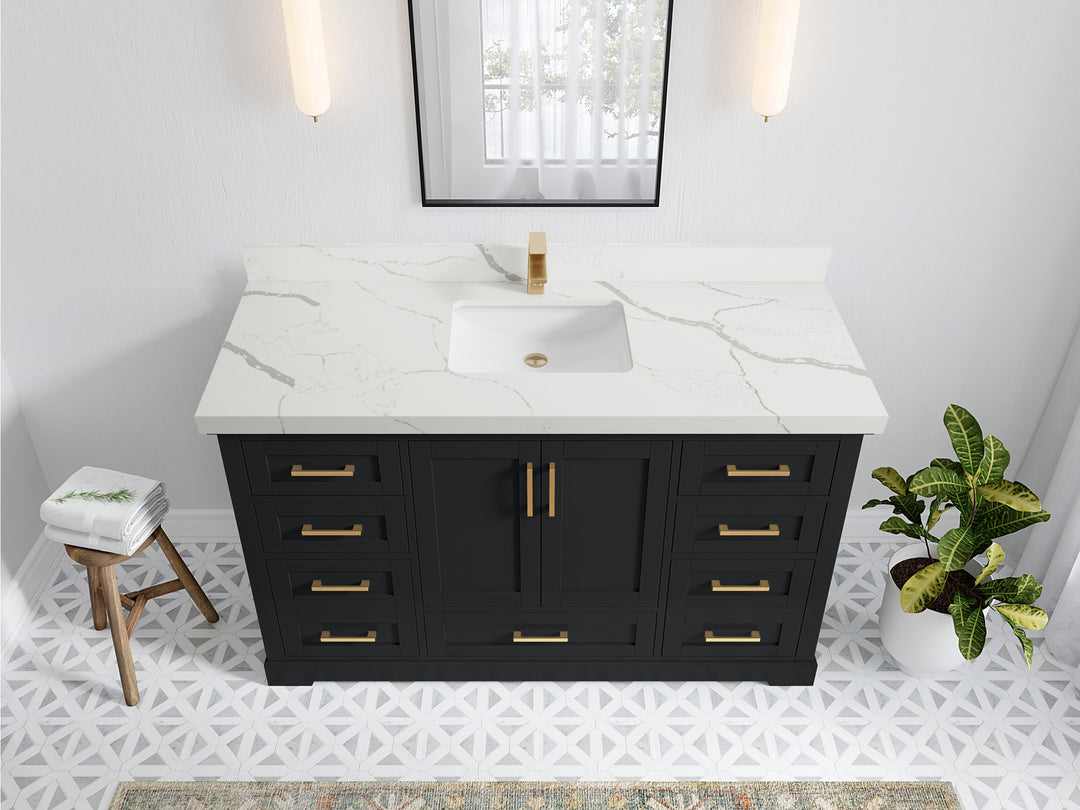 Boston 60 in. W x 22 in. D Single Sink Bathroom Vanity in Wrought Iron with 2 in Calacatta Laza Quartz Countertop - Top View