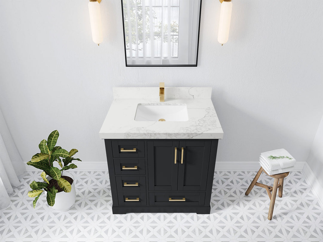 Boston 36 in. W x 22 in. D Single Sink Bathroom Vanity in Wrought Iron with 2 in Calacatta Nuvo Quartz Countertop - Top View