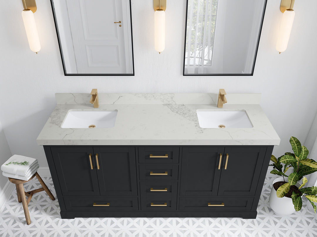 Boston 72 in. W x 22 in. D Double Sink Bathroom Vanity in Wrought Iron with 2 in Calacatta Nuvo Quartz Countertop - Top View