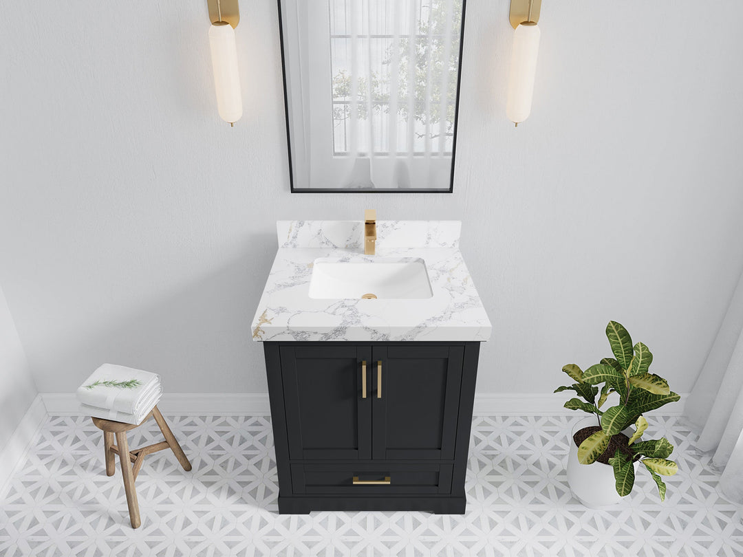 Boston 30 in. W x 22 in. D Single Sink Bathroom Vanity in Wrought Iron with 2 in Calacatta Poanazzo Quartz Countertop - Top View