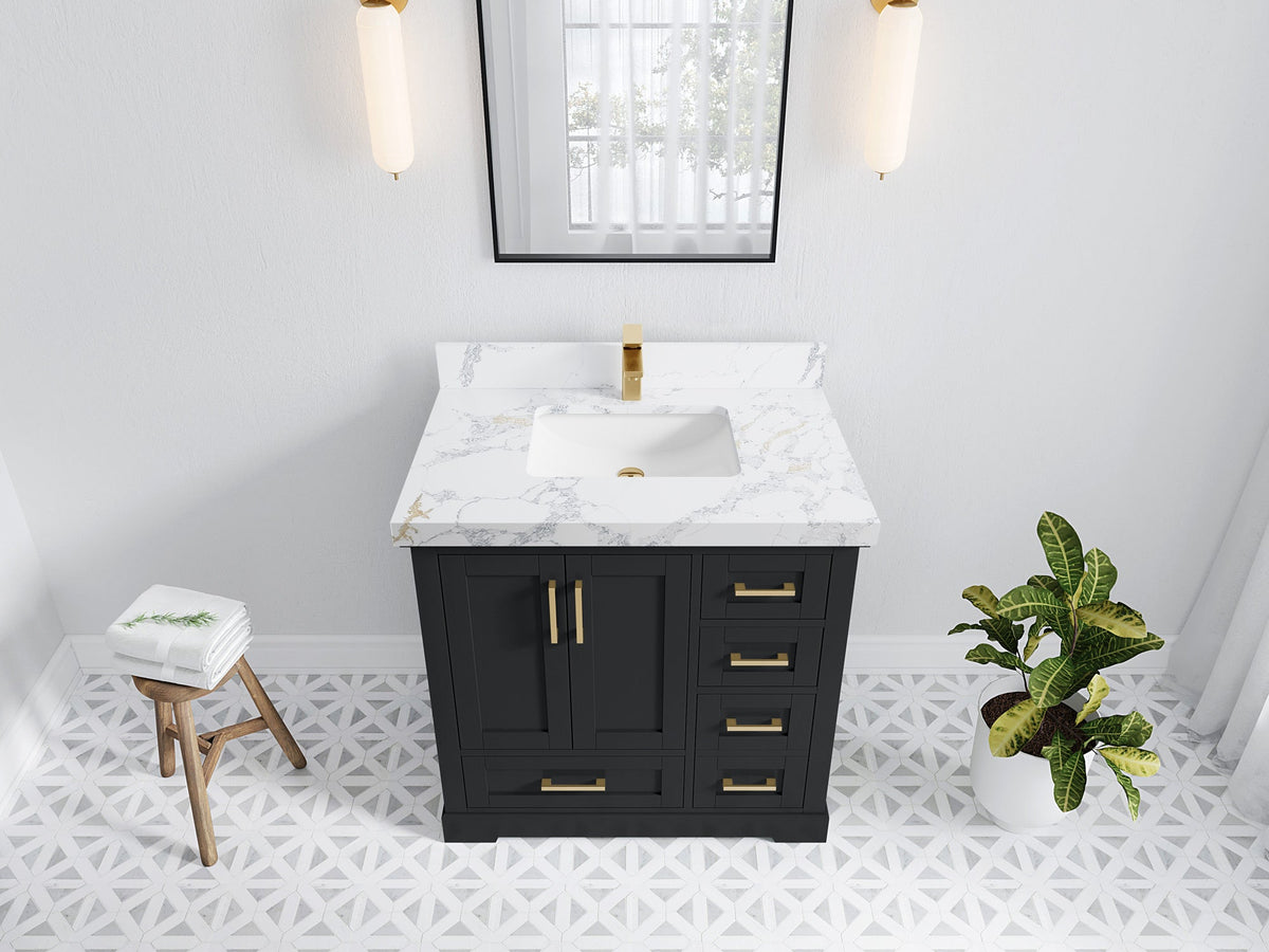 Boston 36 in. W x 22 in. D Single Sink Bathroom Vanity in Wrought Iron with 2 in Calacatta Poanazzo Quartz Countertop - Top View