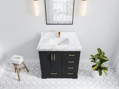 Boston 36 in. W x 22 in. D Single Sink Bathroom Vanity in Wrought Iron with 2 in Calacatta Poanazzo Quartz Countertop - Top View