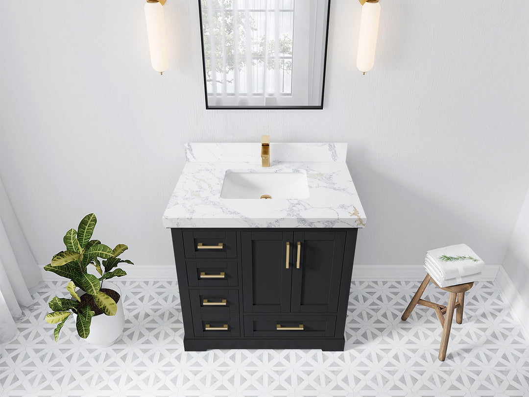 Boston 36 in. W x 22 in. D Single Sink Bathroom Vanity in Wrought Iron with 2 in Calacatta Poanazzo Quartz Countertop - Top View