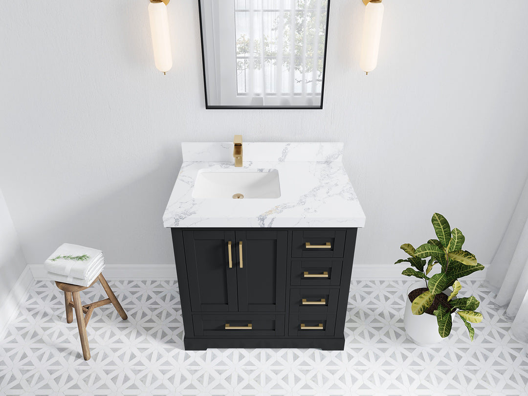 Boston 36 in. W x 22 in. D Single Sink Bathroom Vanity in Wrought Iron with 2 in Calacatta Poanazzo Quartz Countertop - Top View
