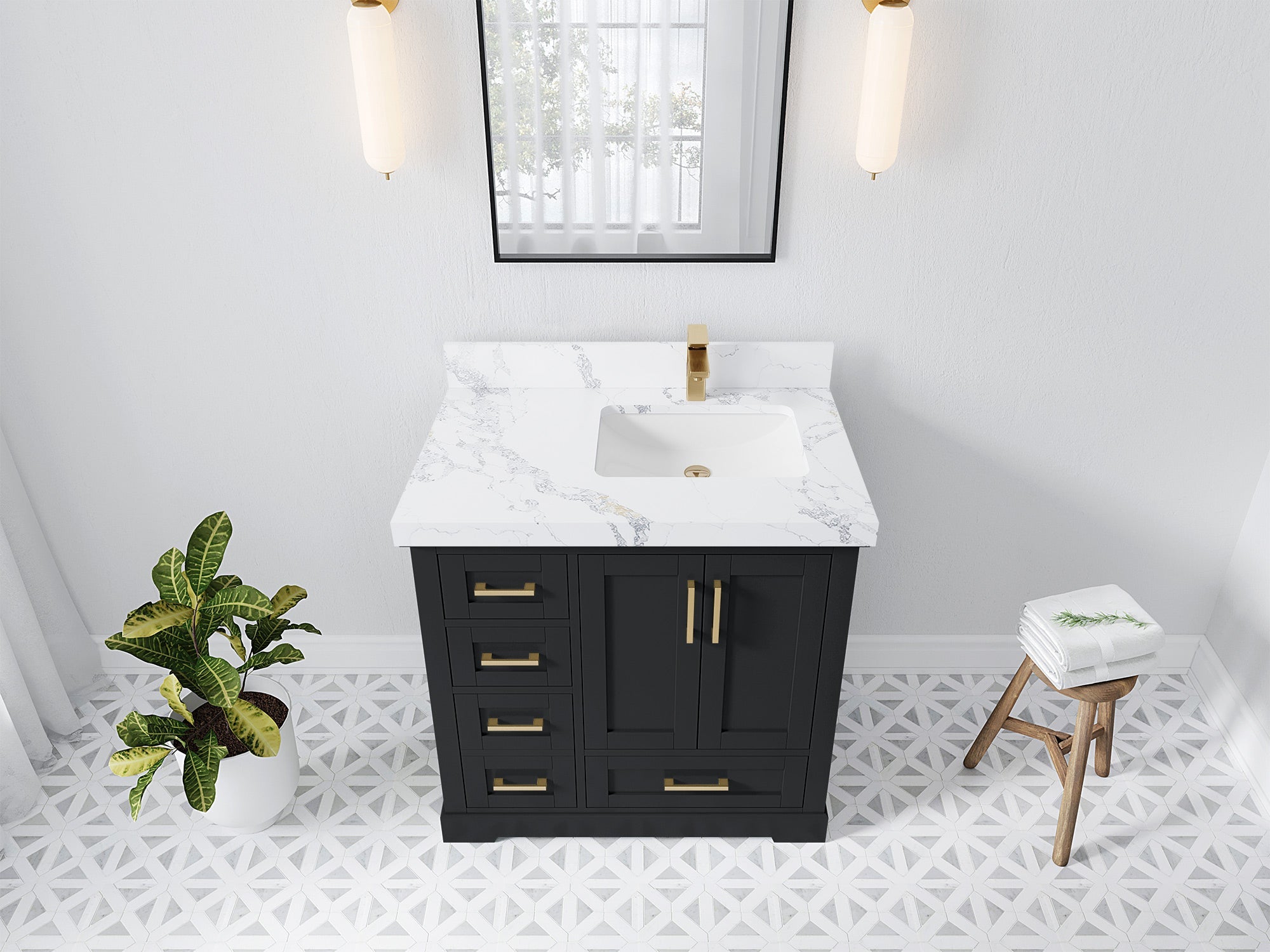 Boston 36 in. W x 22 in. D Single Sink Bathroom Vanity in Wrought Iron with 2 in Calacatta Poanazzo Quartz Countertop