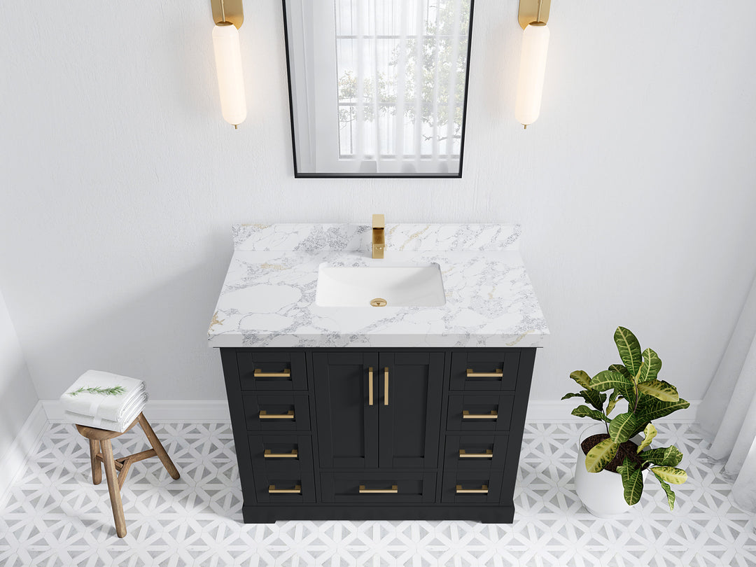 Boston 42 in. W x 22 in. D Single Sink Bathroom Vanity in Wrought Iron with 2 in Calacatta Poanazzo Quartz Countertop - Top View