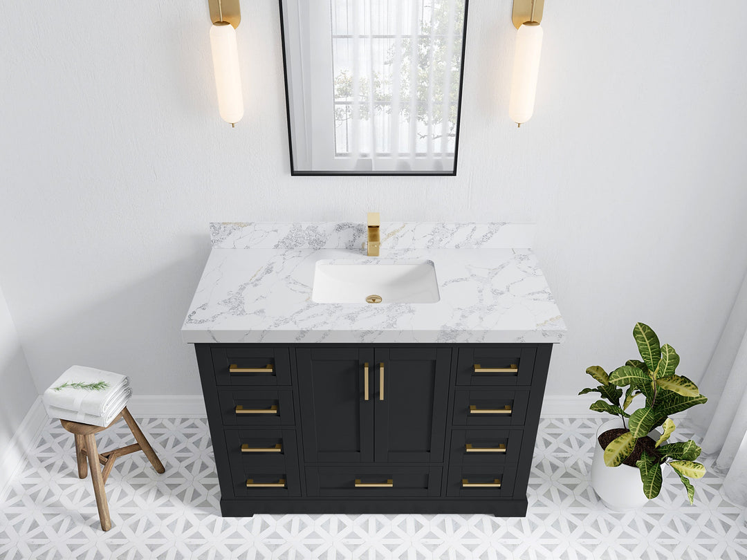Boston 48 in. W x 22 in. D Single Sink Bathroom Vanity in Wrought Iron with 2 in Calacatta Poanazzo Quartz Countertop - Top View