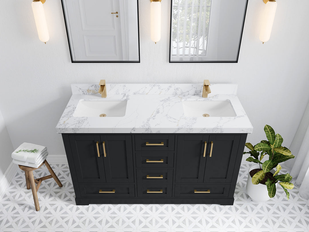 Boston 60 in. W x 22 in. D Double Sink Bathroom Vanity in Wrought Iron with 2 in Calacatta Poanazzo Quartz Countertop - Top View
