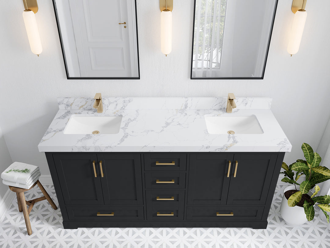 Boston 72 in. W x 22 in. D Double Sink Bathroom Vanity in Wrought Iron with 2 in Calacatta Poanazzo Quartz Countertop - Top View