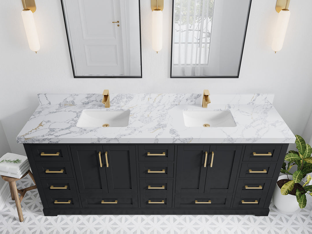 Boston 84 in. W x 22 in. D Double Sink Bathroom Vanity in Wrought Iron with 2 in Calacatta Poanazzo Quartz Countertop - Top View