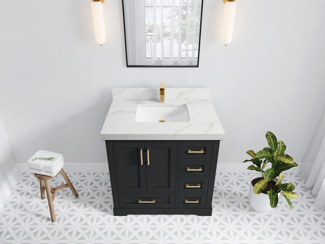 Boston 36 in. W x 22 in. D Single Sink Bathroom Vanity in Wrought Iron with 2 in Calacatta Sienna Quartz Countertop - Top View