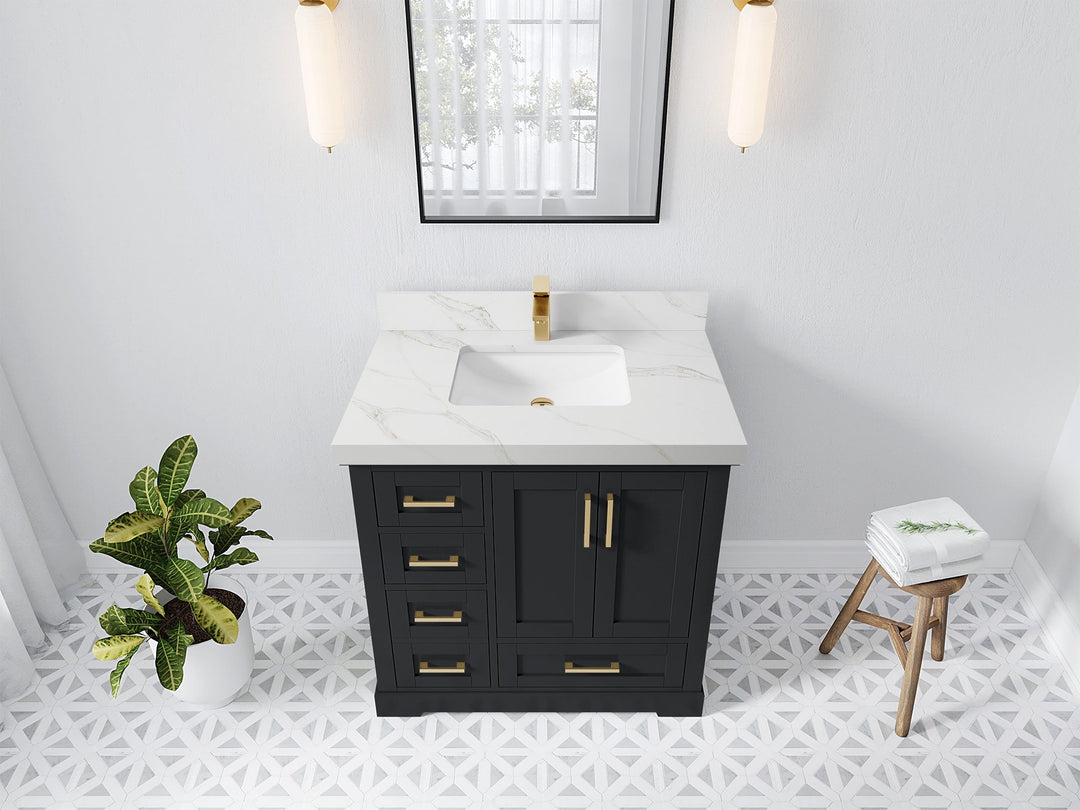 Boston 36 in. W x 22 in. D Single Sink Bathroom Vanity in Wrought Iron with 2 in Calacatta Sienna Quartz Countertop - Top View
