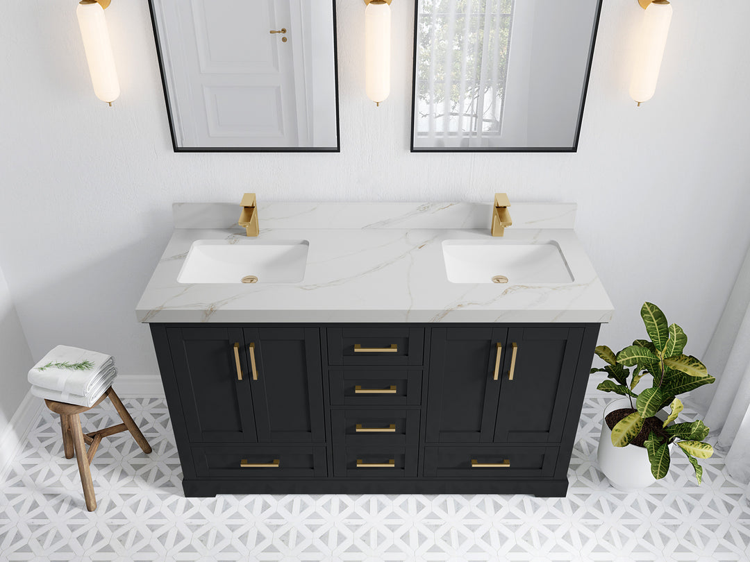 Boston 60 in. W x 22 in. D Double Sink Bathroom Vanity in Wrought Iron with 2 in Calacatta Sienna Quartz Countertop - Top View