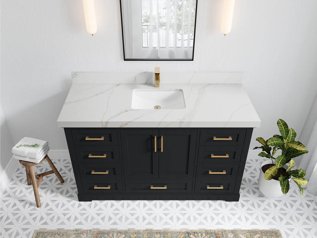 Boston 60 in. W x 22 in. D Single Sink Bathroom Vanity in Wrought Iron with 2 in Calacatta Sienna Quartz Countertop - Top View