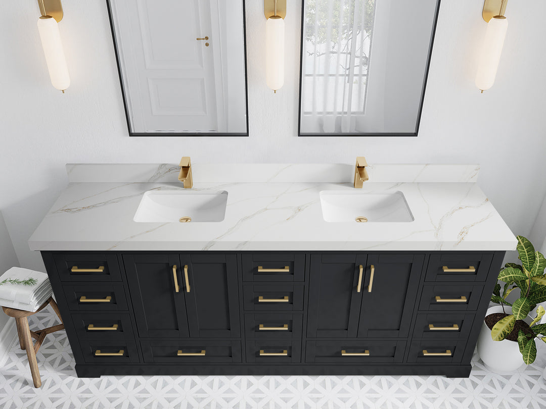 Boston 84 in. W x 22 in. D Double Sink Bathroom Vanity in Wrought Iron with 2 in Calacatta Sienna Quartz Countertop - Top View