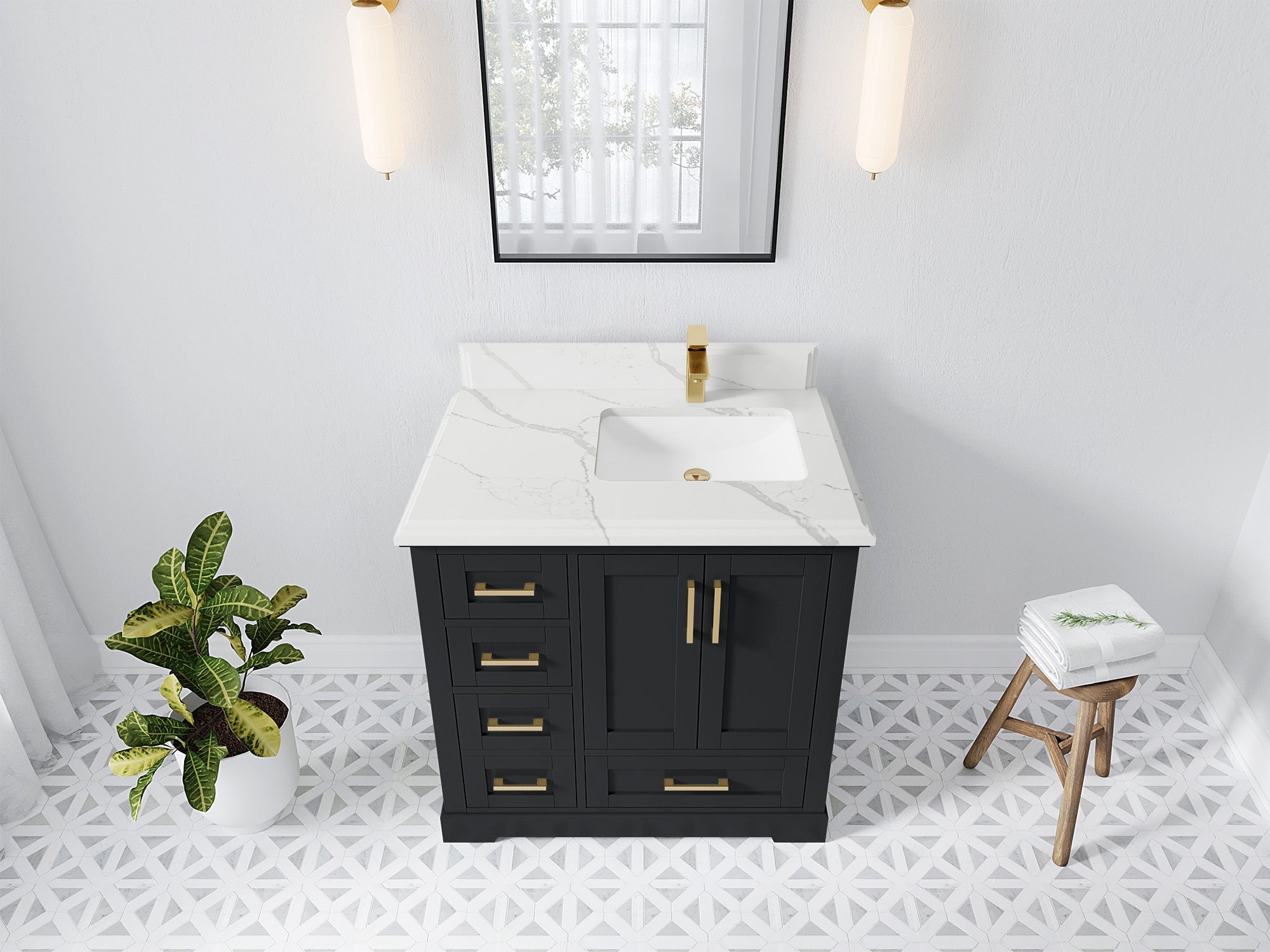 Boston 36 in. W x 22 in. D Bathroom Vanity in Wrought Iron with 1.5 in Double Cove Edge Calacatta Laza Quartz Countertop