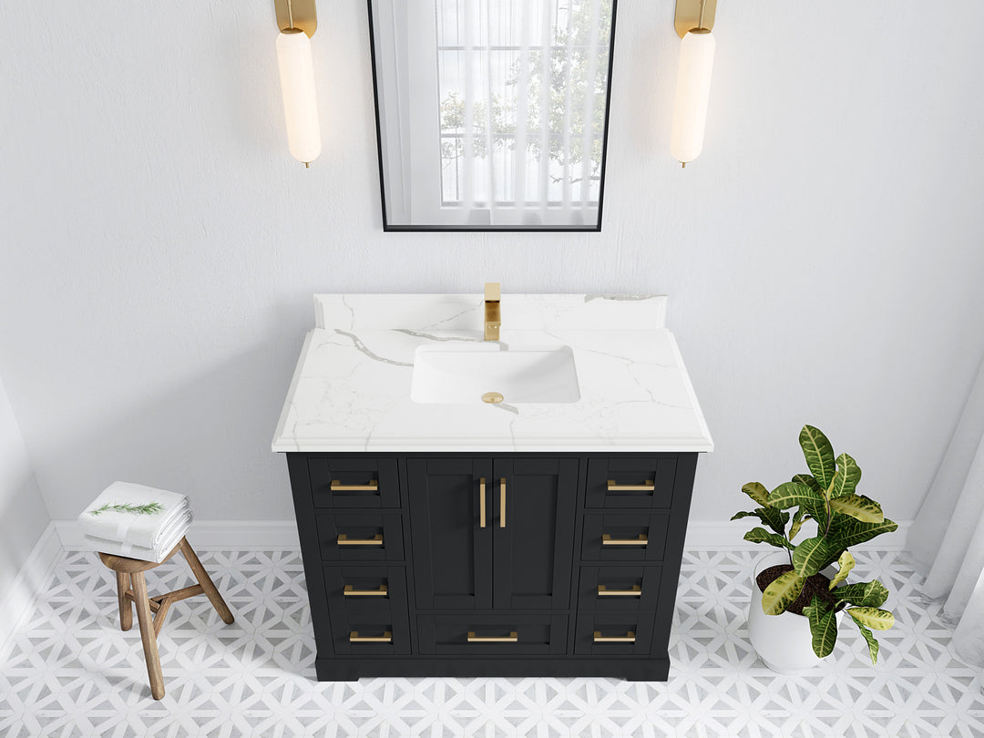 Boston 42 in. W x 22 in. D Single Sink Bathroom Vanity in Wrought Iron with 1.5 in Double Cove Edge Calacatta Laza Quartz Countertop - Top View