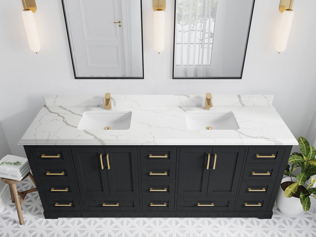 Boston 84 in. W x 22 in. D Double Sink Bathroom Vanity in Wrought Iron with 1.5 in Double Cove Edge Calacatta Laza Quartz Countertop - Top View
