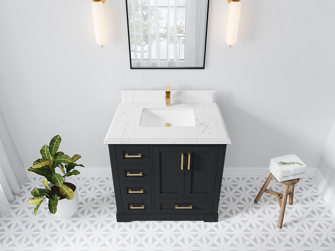 Boston 36 in. W x 22 in. D Single Sink Bathroom Vanity in Wrought Iron with 1.5 in Double Cove Edge Empira White Quartz Countertop - Top View