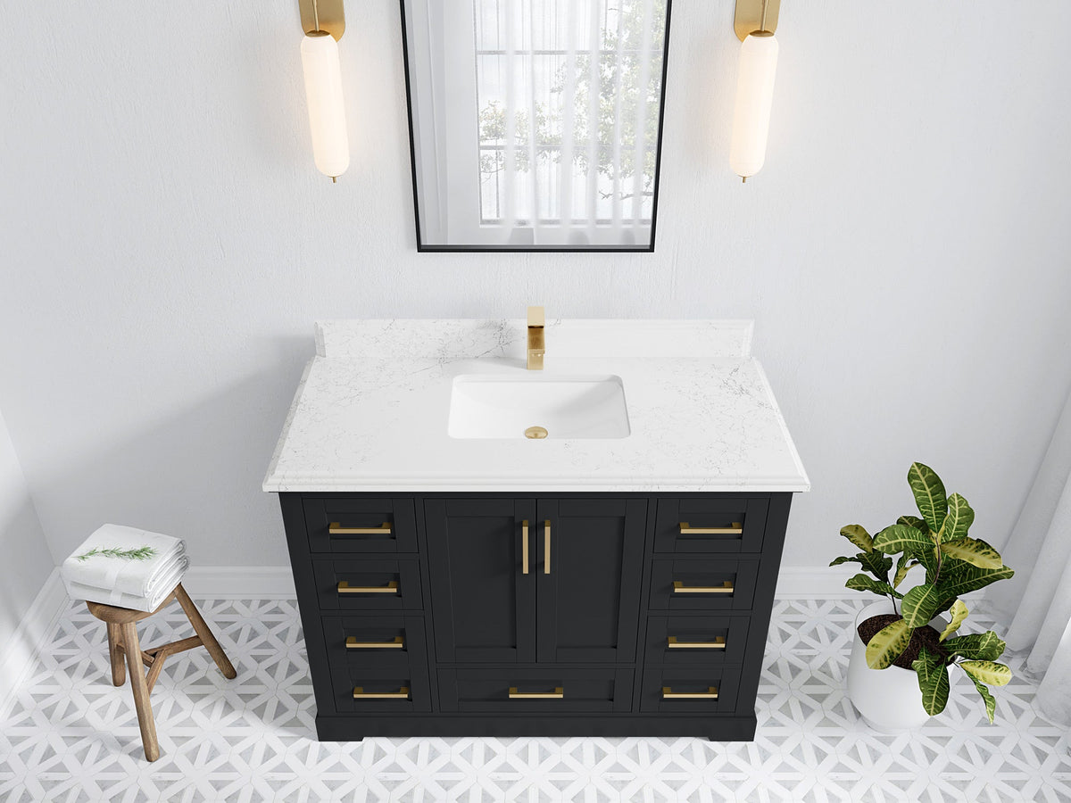 Boston 48 in. W x 22 in. D Single Sink Bathroom Vanity in Wrought Iron with 1.5 in Double Cove Edge Empira White Quartz Countertop - Top View