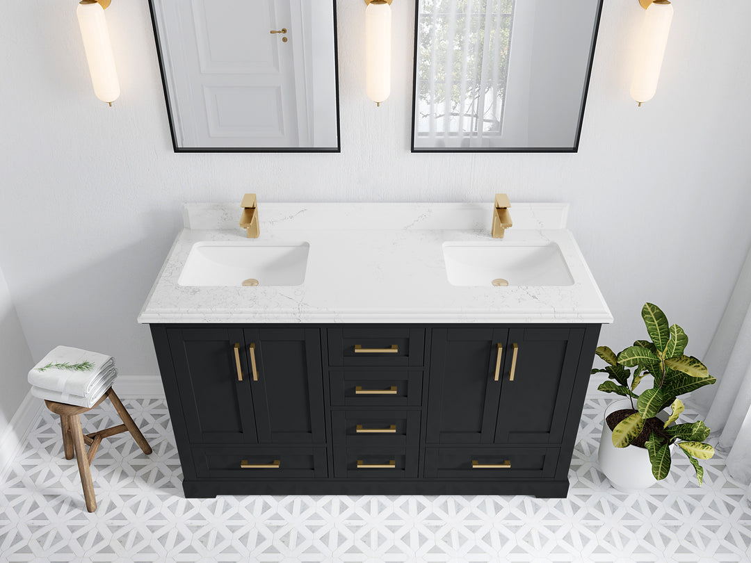 Boston 60 in. W x 22 in. D Double Sink Bathroom Vanity in Wrought Iron with 1.5 in Double Cove Edge Empira White Quartz Countertop - Top View
