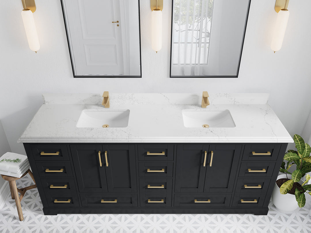 Boston 84 in. W x 22 in. D Double Sink Bathroom Vanity in Wrought Iron with 1.5 in Double Cove Edge Empira White Quartz Countertop - Top View
