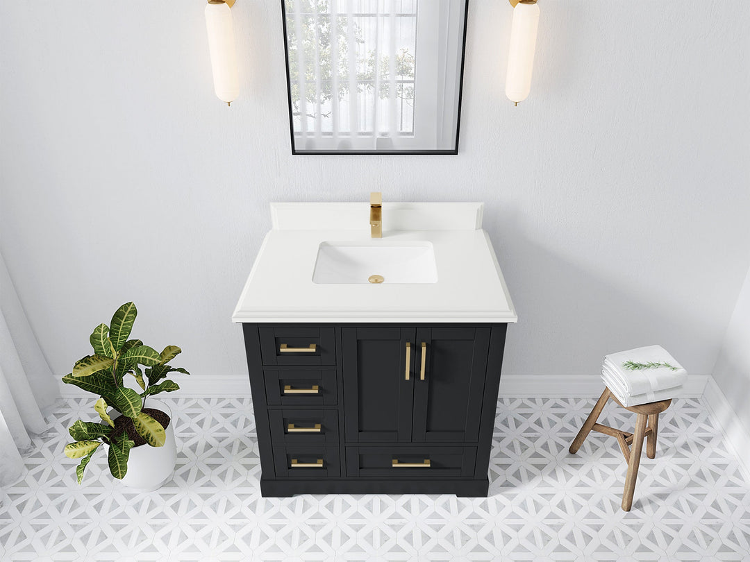 Boston 36 in. W x 22 in. D Single Sink Bathroom Vanity in Wrought Iron with 1.5 in Double Cove Edge White Quartz Countertop - Top View