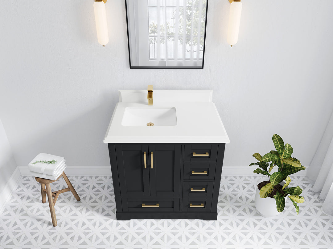 Boston 36 in. W x 22 in. D Single Sink Bathroom Vanity in Wrought Iron with 1.5 in Double Cove Edge White Quartz Countertop - Top View