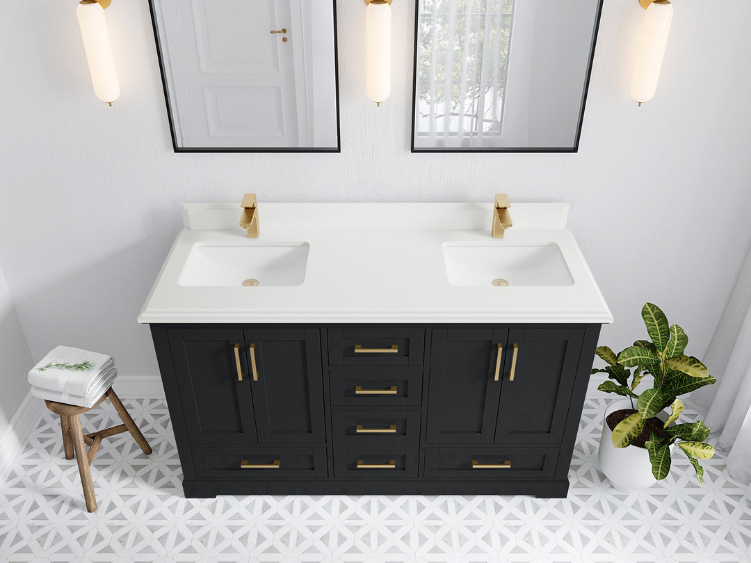 Boston 60 in. W x 22 in. D Double Sink Bathroom Vanity in Wrought Iron with 1.5 in Double Cove Edge White Quartz Countertop - Top View
