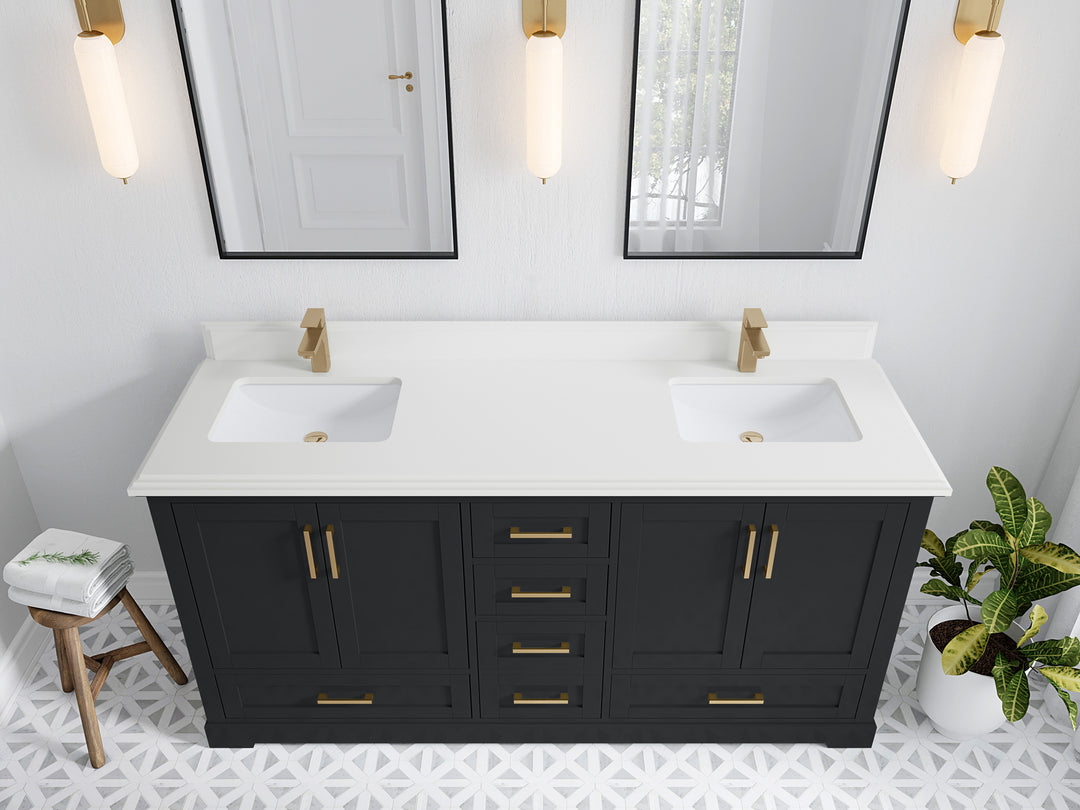 Boston 72 in. W x 22 in. D Double Sink Bathroom Vanity in Wrought Iron with 1.5 in Double Cove Edge White Quartz Countertop - Top View