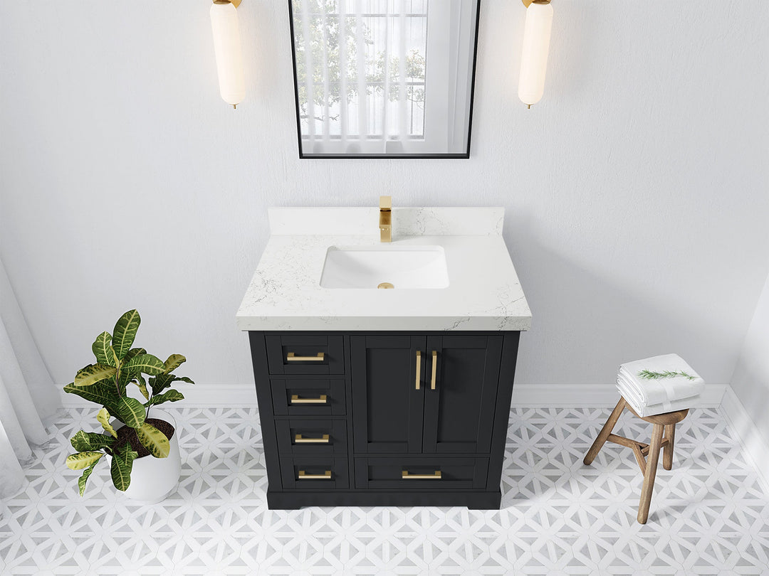 Boston 36 in. W x 22 in. D Single Sink Bathroom Vanity in Wrought Iron with 2 in Empira White Quartz Countertop - Top View