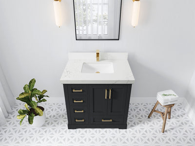 Boston 36 in. W x 22 in. D Single Sink Bathroom Vanity in Wrought Iron with 2 in Empira White Quartz Countertop - Top View