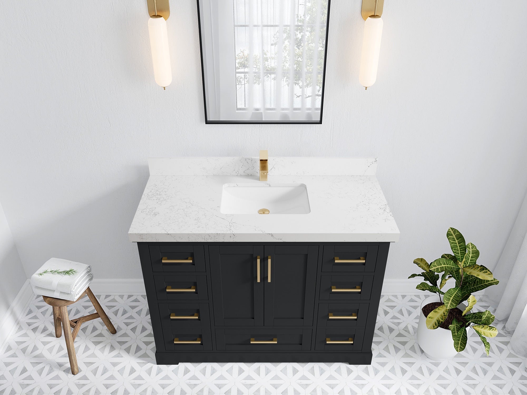 Boston 48 in. W x 22 in. D Single Sink Bathroom Vanity in Wrought Iron with 2 in Empira White Quartz Countertop - Top View