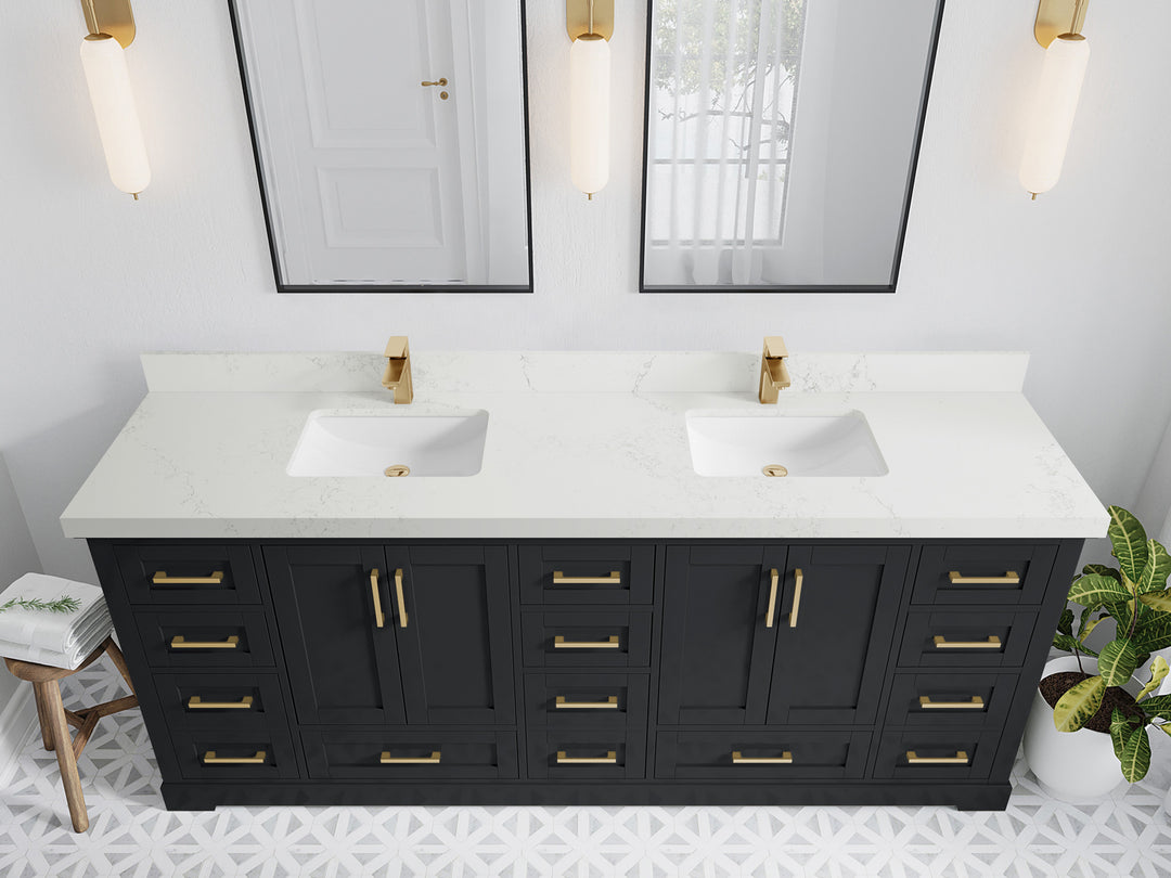 Boston 84 in. W x 22 in. D Double Sink Bathroom Vanity in Wrought Iron with 2 in Empira White Quartz Countertop - Top View