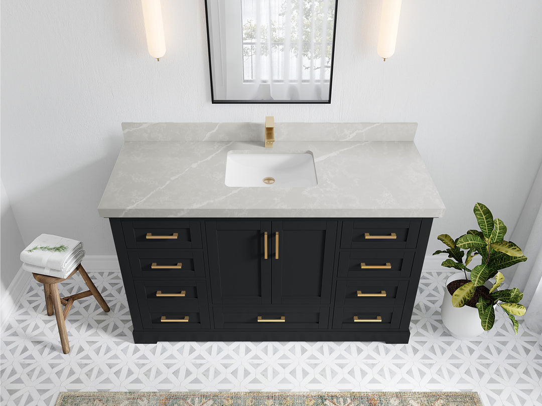 Boston 60 in. W x 22 in. D Single Sink Bathroom Vanity in Wrought Iron with 2 in Pearl Light Gray Quartz Countertop - Top View
