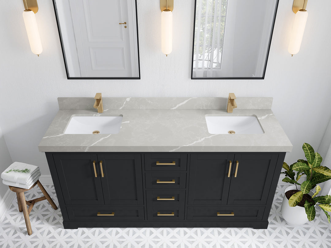 Boston 72 in. W x 22 in. D Double Sink Bathroom Vanity in Wrought Iron with 2 in Pearl Light Gray Quartz Countertop - Top View