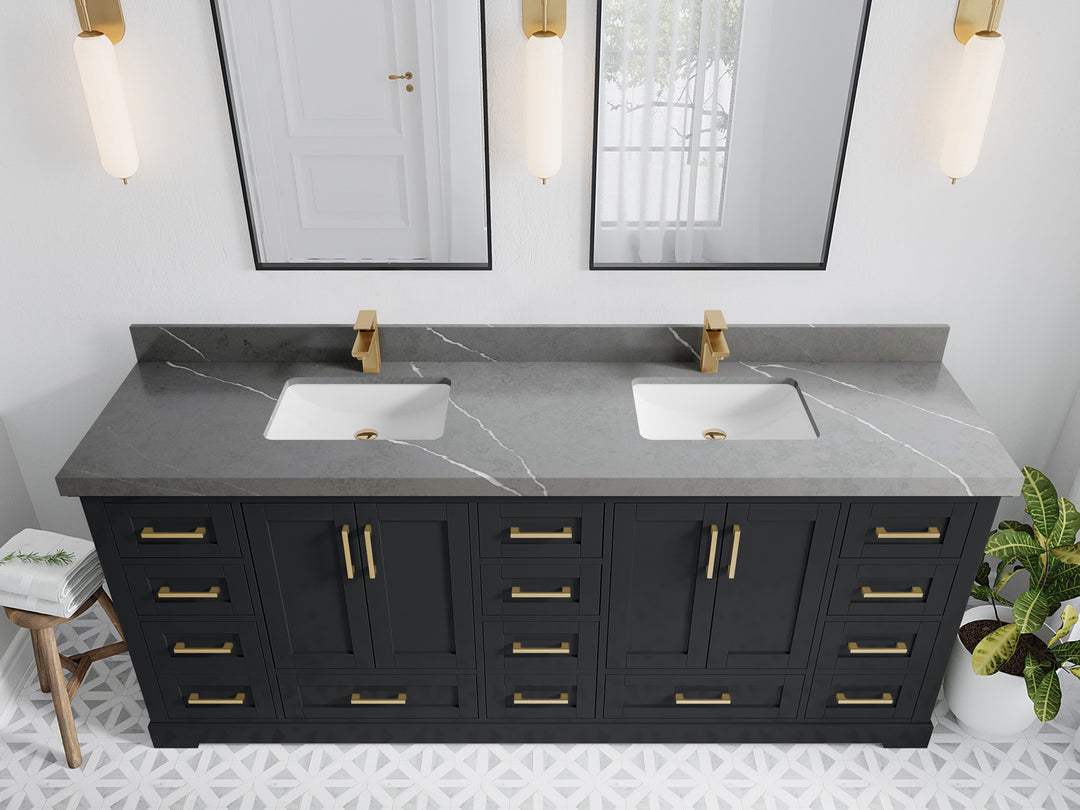 Boston 84 in. W x 22 in. D Double Sink Bathroom Vanity in Wrought Iron with 2 in Piatra Gray Quartz Countertop - Top View