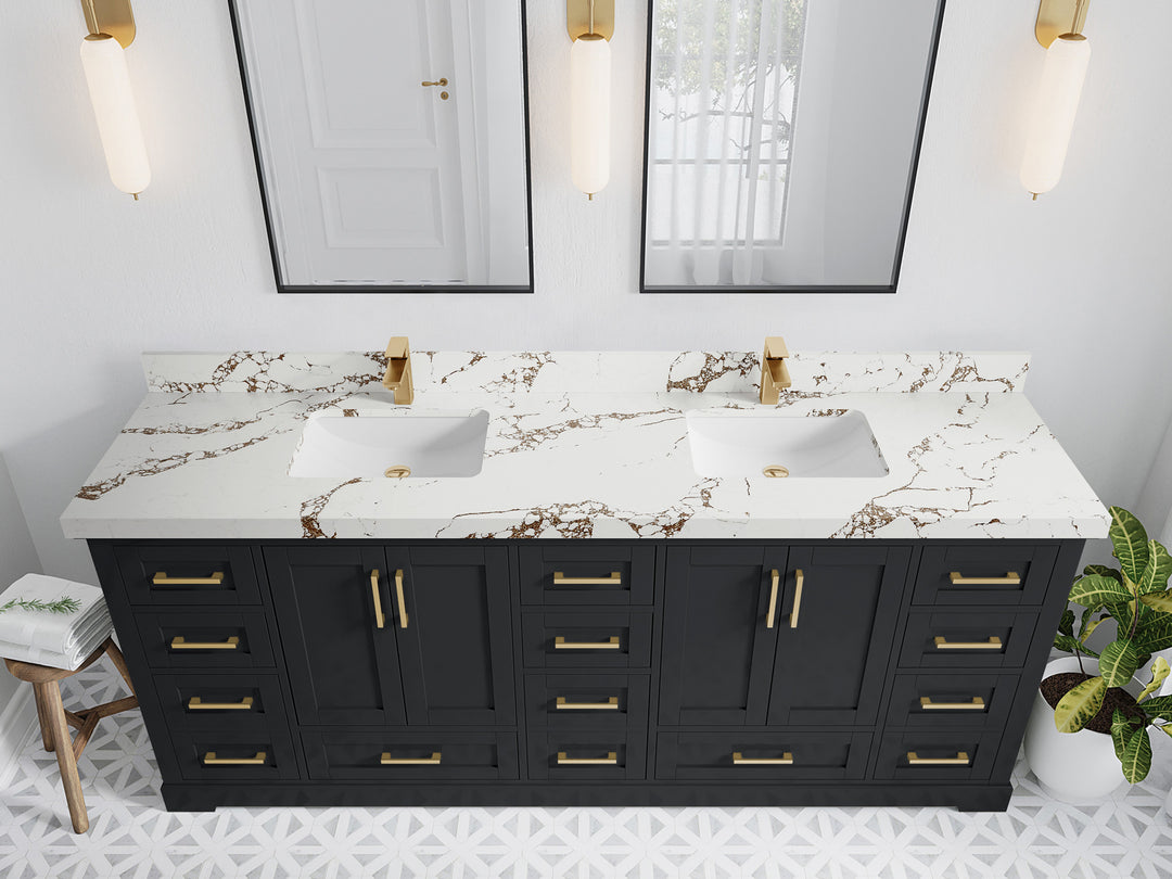 Boston 84 in. W x 22 in. D Double Sink Bathroom Vanity in Wrought Iron with 2 in Viola Brown Quartz Countertop - Top View