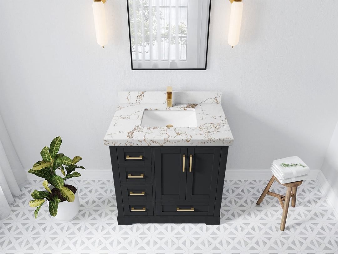 Boston 36 in. W x 22 in. D Single Sink Bathroom Vanity in Wrought Iron with 2 in Viola Gold Quartz Countertop - Top View