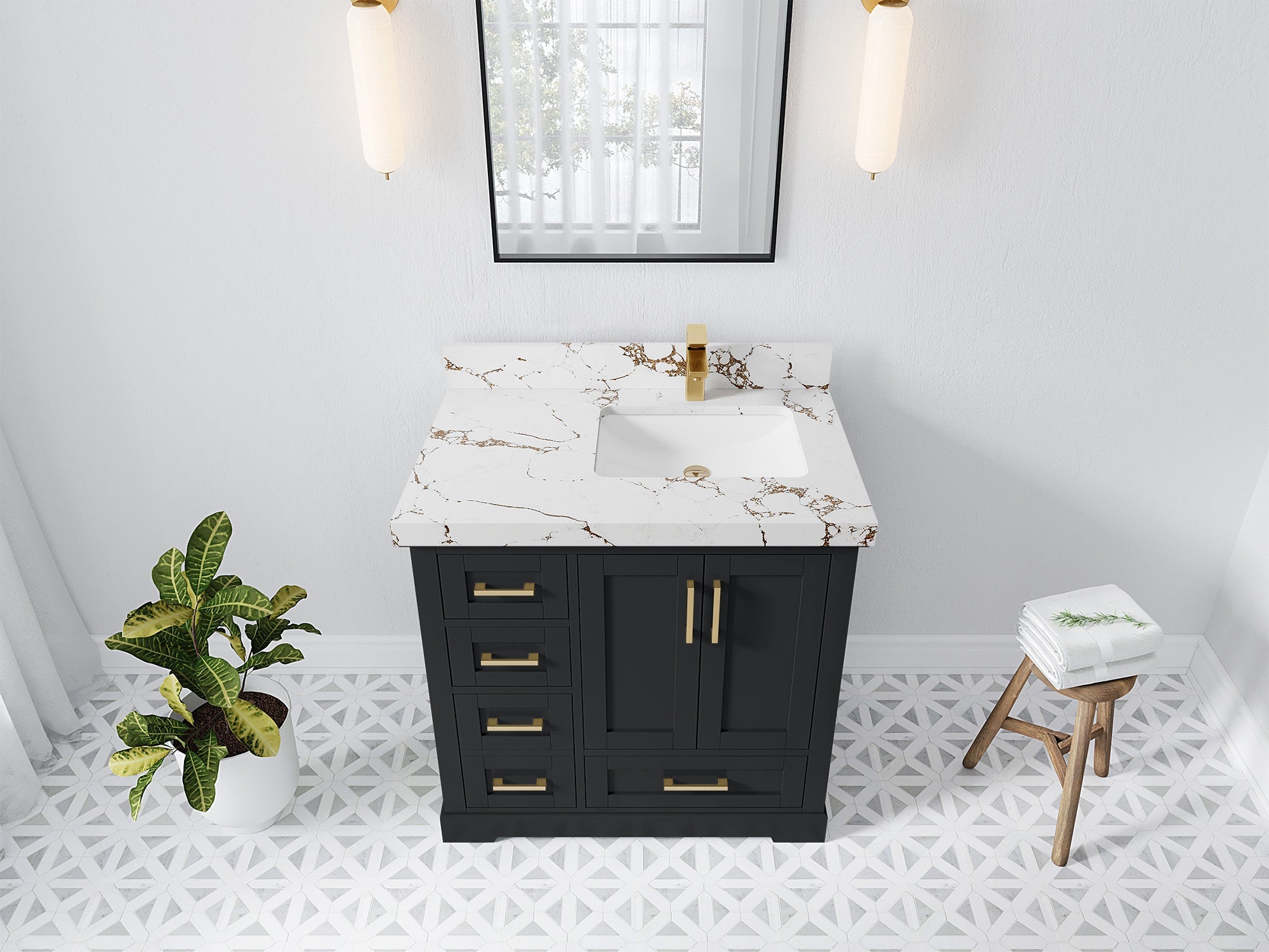 Boston 36 in. W x 22 in. D Single Sink Bathroom Vanity in Wrought Iron with 2 in Viola Gold Quartz Countertop - Top View