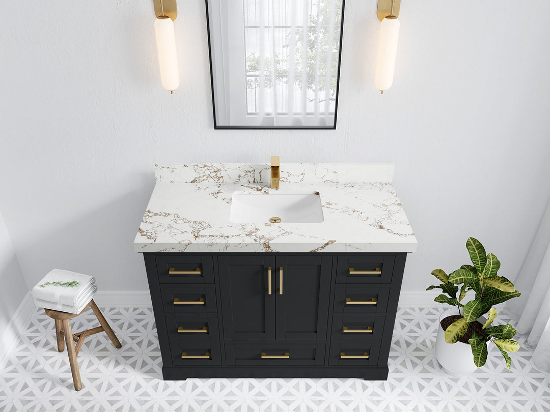 Boston 48 in. W x 22 in. D Single Sink Bathroom Vanity in Wrought Iron with 2 in Viola Gold Quartz Countertop - Top View