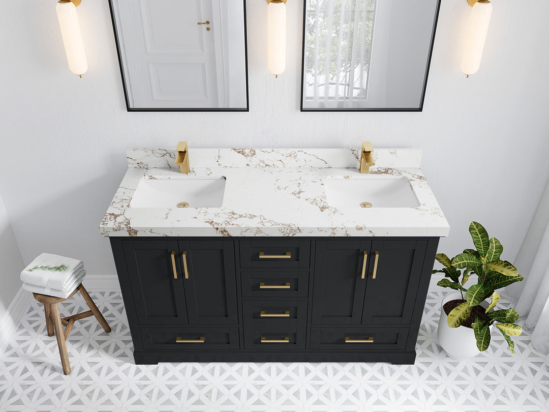 Boston 60 in. W x 22 in. D Double Sink Bathroom Vanity in Wrought Iron with 2 in Viola Gold Quartz Countertop - Top View