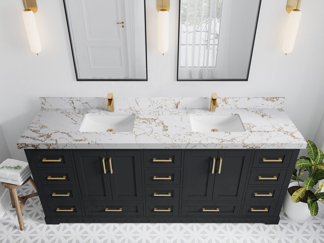 Boston 84 in. W x 22 in. D Double Sink Bathroom Vanity in Wrought Iron with 2 in Viola Gold Quartz Countertop - Top View