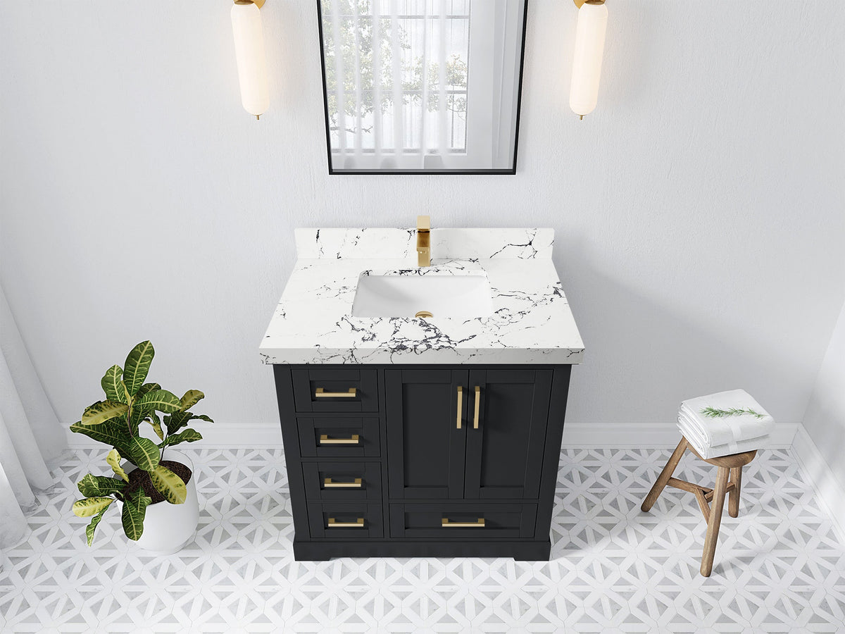 Boston 36 in. W x 22 in. D Single Sink Bathroom Vanity in Wrought Iron with 2 in Viola Night Quartz Countertop - Top View