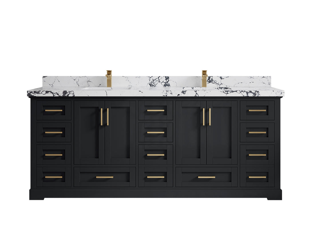 Boston 84 in. W x 22 in. D Double Sink Bathroom Vanity in Wrought Iron with 2 in Viola Night Quartz Countertop
