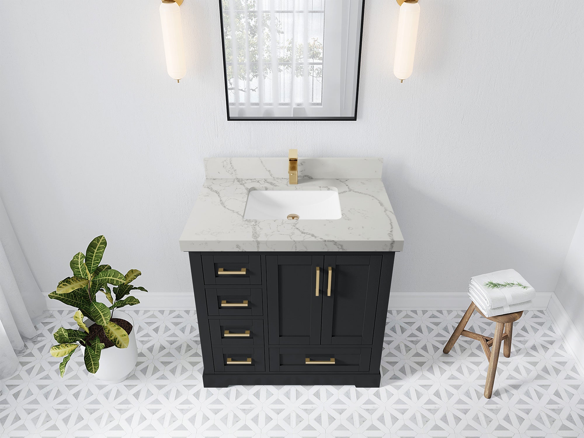 Boston 36 in. W x 22 in. D Single Sink Bathroom Vanity in Wrought Iron with 2 in Venatino Quartz Countertop - Top View